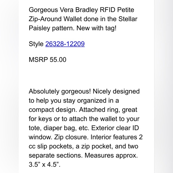 Vera Bradley RFID Zippered Wallet, NWT - Picture 12 of 12